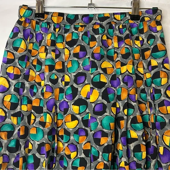 Vintage Adolfo Saks Fifth Avenue Pleated Silk Skirt Grey Gold Teal Dots Small - Picture 2 of 10